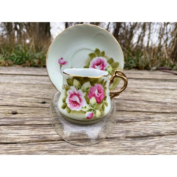 Vintage Lefton Heritage Rose Hand Painted Green Demitasse Cup Saucer - Picture 10 of 11